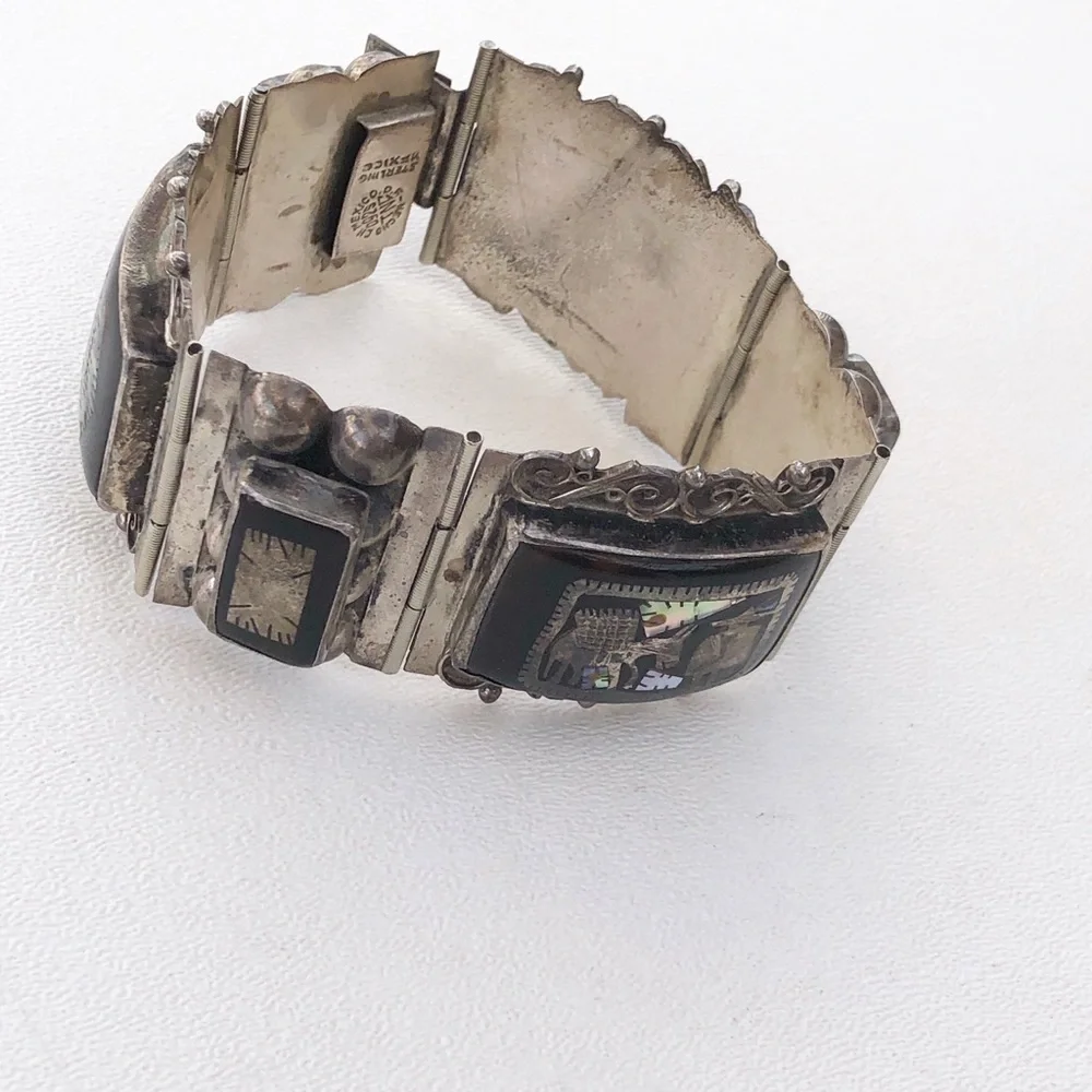 Vintage Mexico Sterling Inlay Panel Bracelet